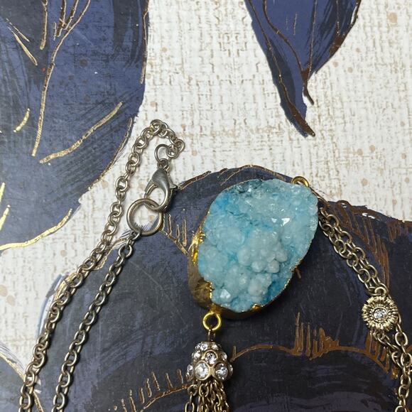 Estate Blue Dyed Quartz Pendant and Gold Tassel Chain Necklace D3 - Picture 5 of 9